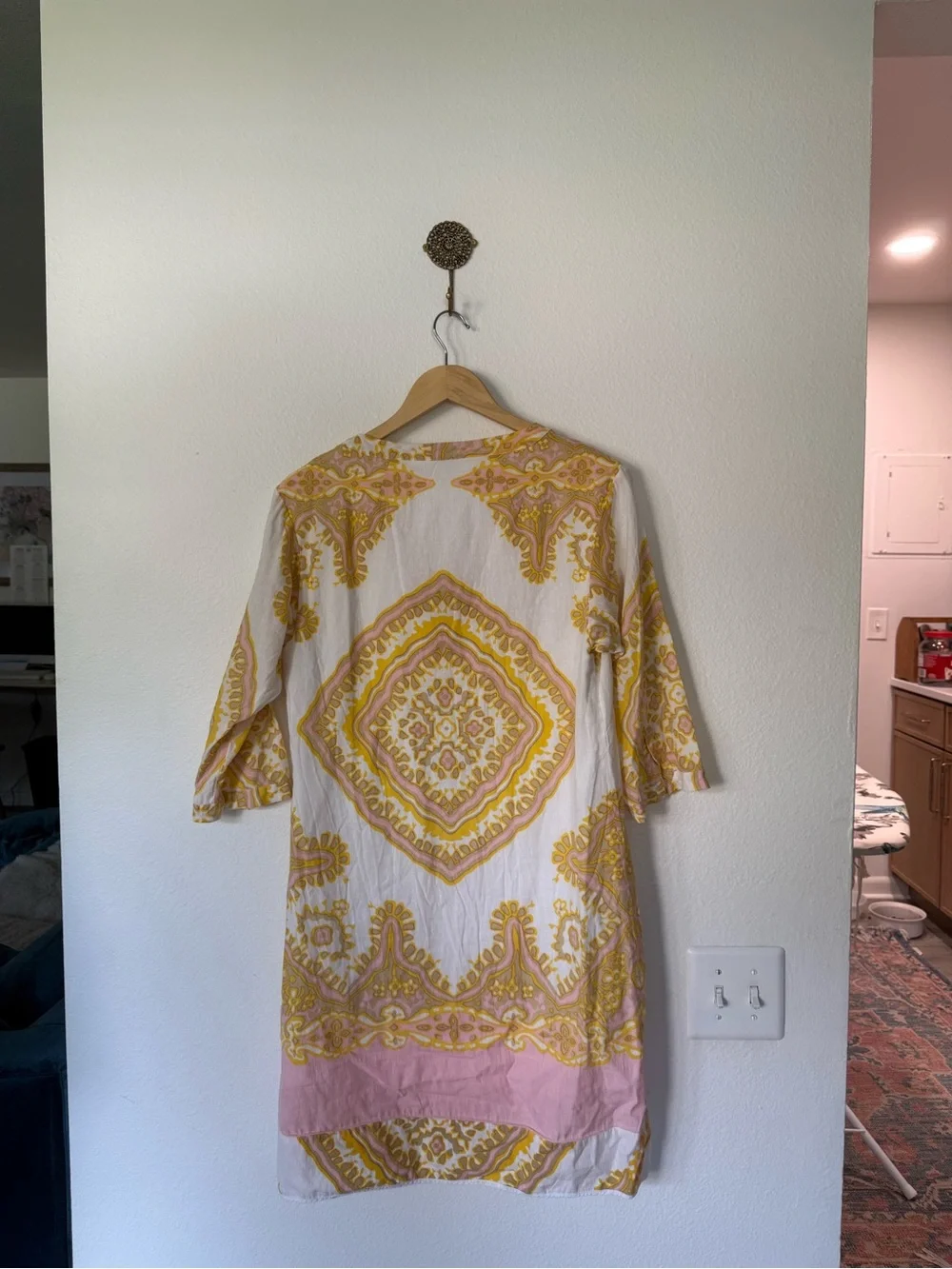 J.Crew Bazaar Linen-Cotton Tunic Dress Yellow Paisley Pink - Size 10